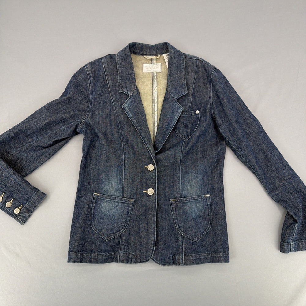 Levis Strauss Jacket Womens Large Blue Denim 2 Button Waist Stretch Button Up - Picture 2 of 12